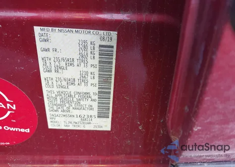 2019 Nissan Murano S z USA, uszkodzony, nr VIN 5N1AZ2MS5KN162385